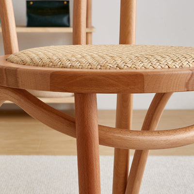 Contemporary Scandinavian Round Rattan Wood Vanity Stool Backrest Armless For Bedroom