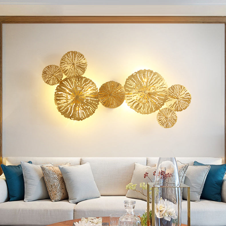 Modern Luxury Full Copper Hollow Lotus Leaf Cluster 3/5/7-Light Wall Sconce Lamp For Living Room