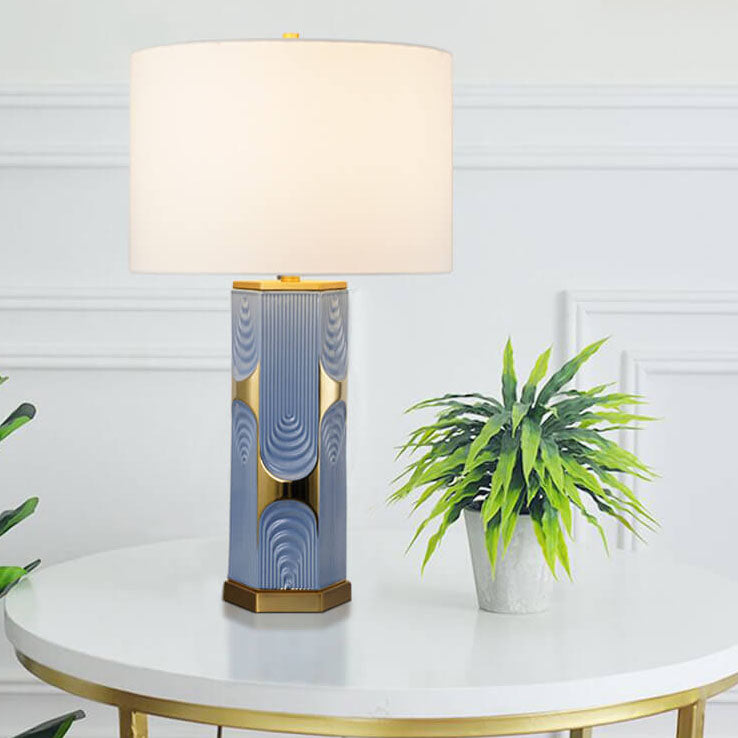 Modern Light Luxury Plated Ceramic Column Fabric 1-Light Table Lamp