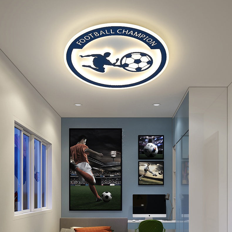 Contemporary Creative Kids Round Football Iron Acrylic LED Flush Mount Ceiling Light For Bedroom