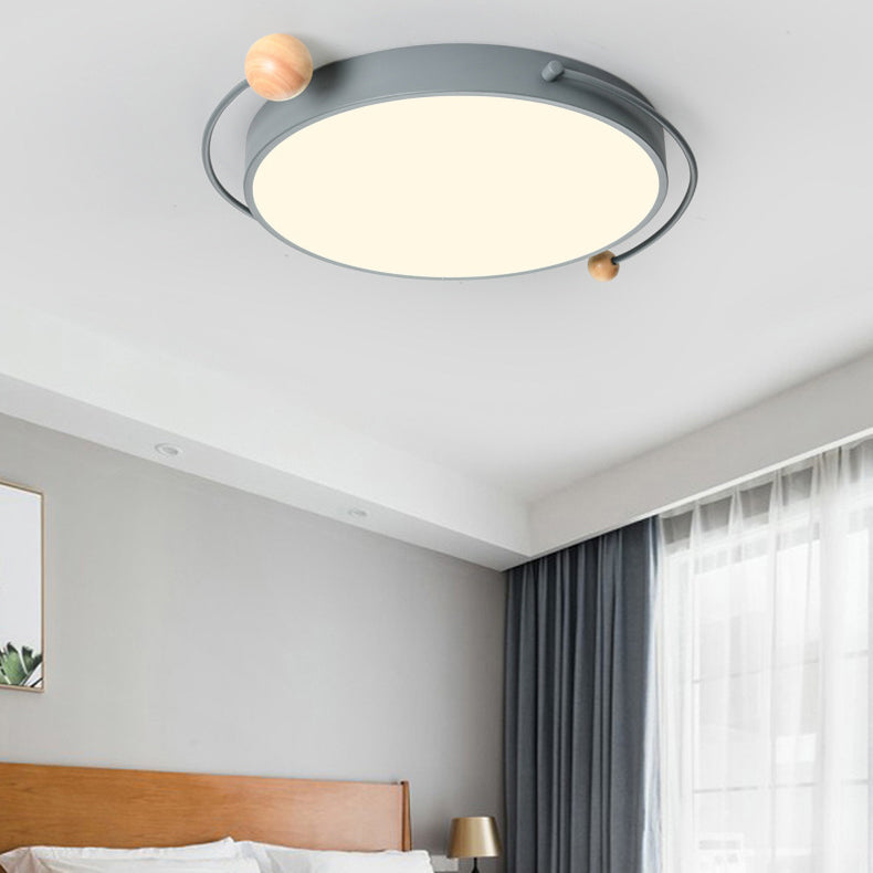 Contemporary Scandinavian Round Orb Curved Tube Iron Acrylic Wooden LED Flush Mount Ceiling Light For Bedroom