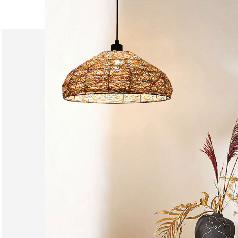 Traditional Chinese Rattan Weaving Round Shade 1-Light Pendant Light For Dining Room