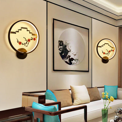 Traditional Chinese Round Plum Blossom Lotus Leaf Aluminum Acrylic LED Wall Sconce Lamp For Living Room