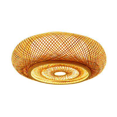 Traditional Vintage Round Skeleton Bamboo PVC 1-Light Flush Mount Ceiling Light For Living Room