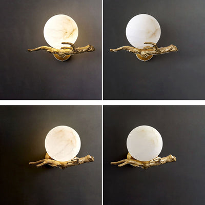 Traditional Chinese Twig Orb Brass Marble LED Wall Sconce Lamp For Living Room