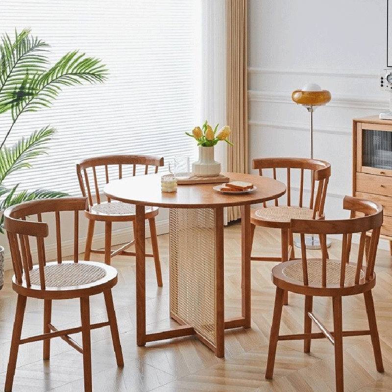 Traditional Chinese Bent Round Rattan Solid Wood Dining Chair Backrest Armless For Dining Room