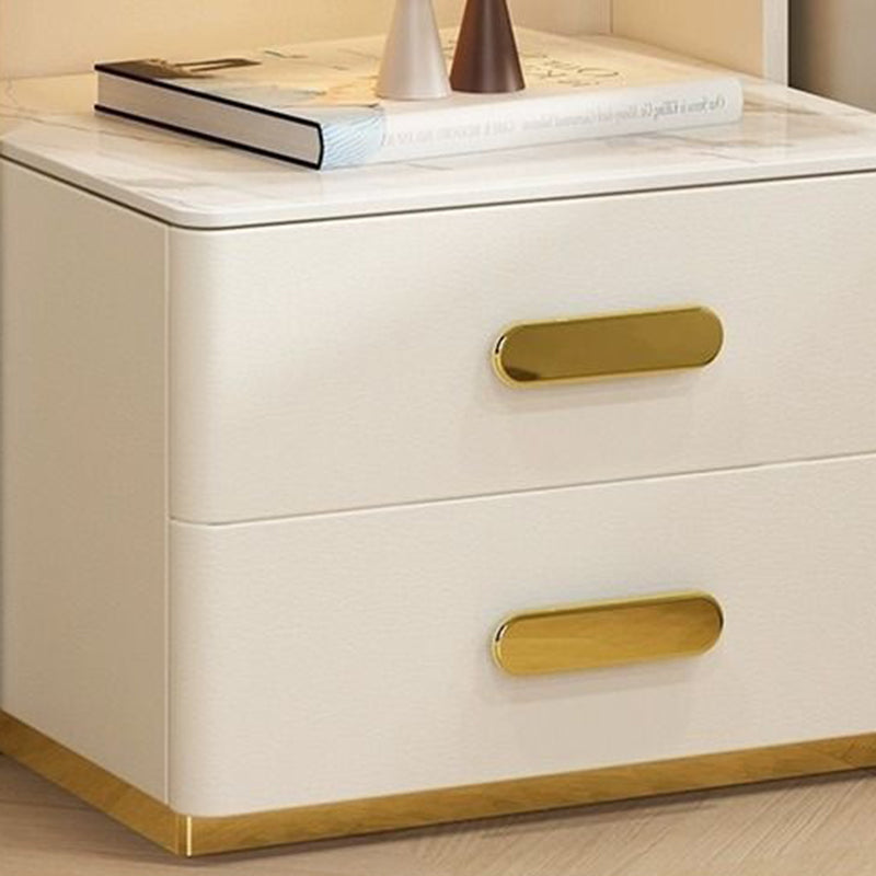 Contemporary Luxury Rectangular Rock Slab Solid Wood Leather Nightstand 2-Drawer For Bedroom