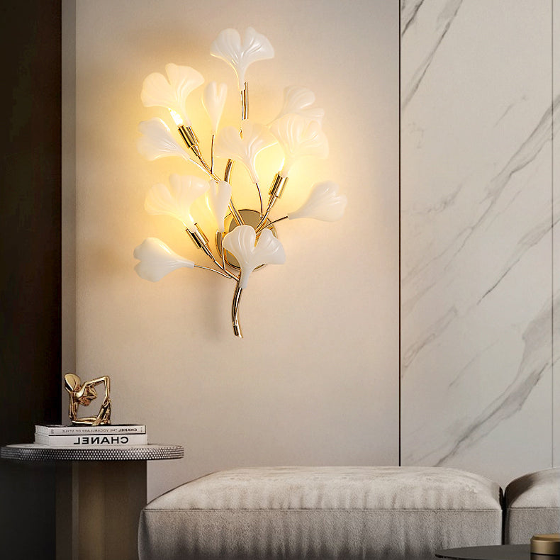 Contemporary Creative Ginkgo Leaf Iron Plastic Porcelain 2/3 Light Wall Sconce Lamp For Living Room