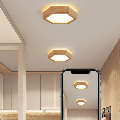 Traditional Japanese Hexagon Wood Acrylic LED Flush Mount Ceiling Light For Living Room