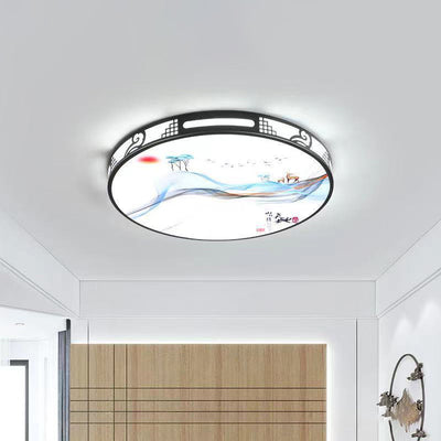 Traditional Chinese Iron Acrylic Round Square Rectangular Landscape Painting LED Flush Mount Ceiling Light For Living Room