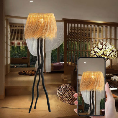 Traditional Rustic Bamboo Weaving Round Shade Resin Branch Base 1-Light Standing Floor Lamp For Entertainment Rooms