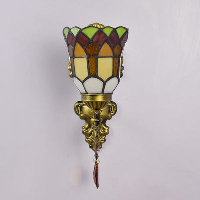 Traditional Tiffany Flower Iron Crystal Stained Glass 1-Light Wall Sconce Lamp For Living Room