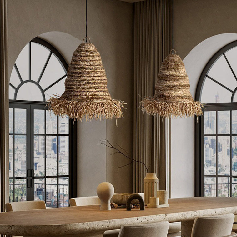 Traditional Japanese Straw Hat Weaving 1-Light Pendant Light For Dining Room