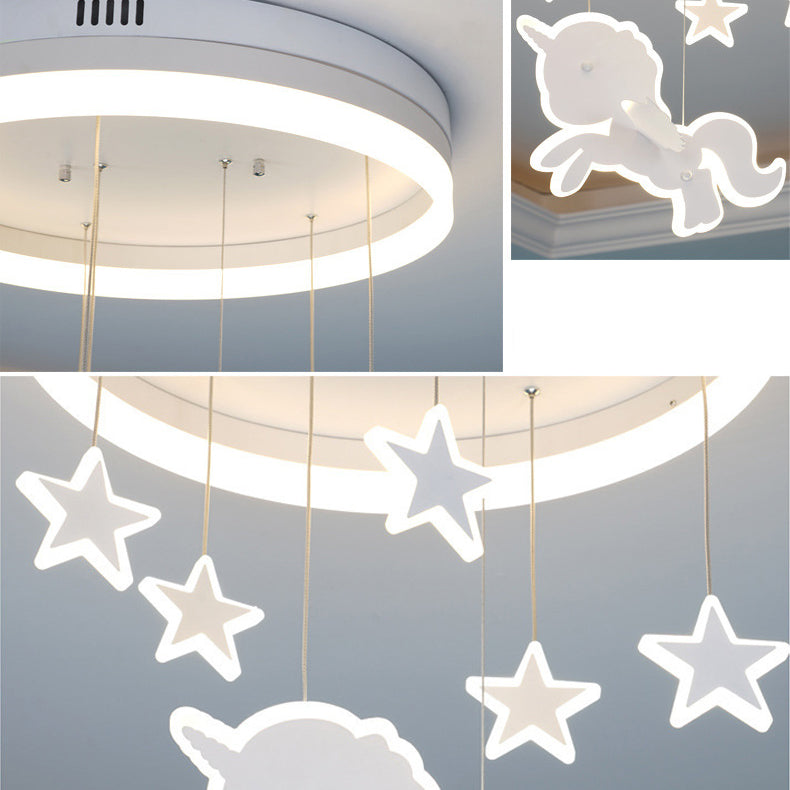 Contemporary Nordic Kids Iron Acrylic Round Unicorn Star LED Flush Mount Ceiling Light For Bedroom