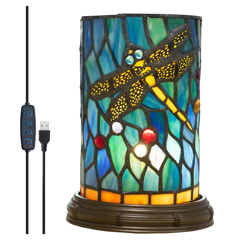 Traditional Tiffany Stained Glass Dragonfly Cylinder Shade Resin Base LED USB Table Lamp For Entertainment Room