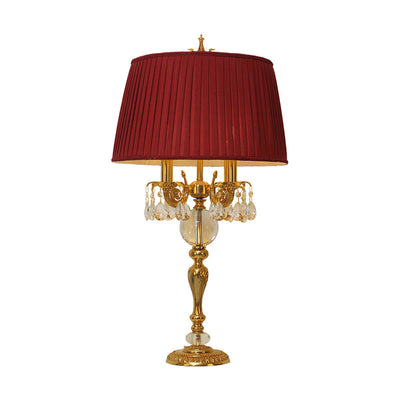 Traditional French Copper Crystal Fabric Cylinder Pleated 5-Light Table Lamp For Bedside