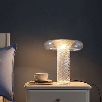 Contemporary Scandinavian Cylinder Circle Curved Stripe Iron Glass LED Table Lamp For Bedroom