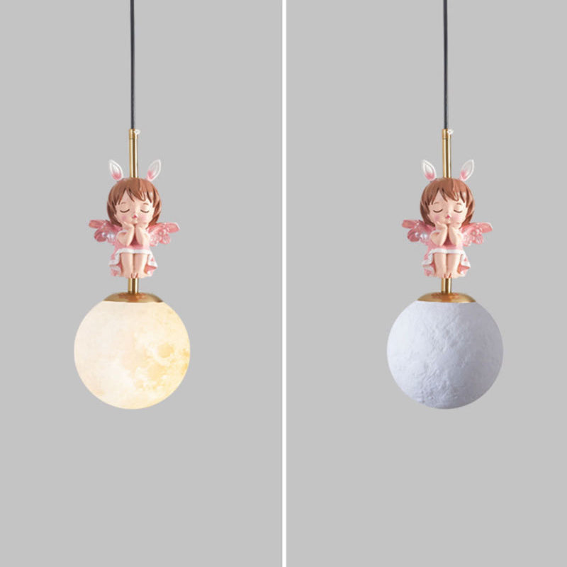 Contemporary Nordic Kids Resin Glass Round Angel 1-Light Pendant Light For Bedside