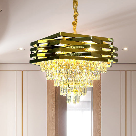 Contemporary Luxury Square Stacked Branch Crystal Metal Stainless Steel 5/7/8/9 Light Chandelier For Living Room