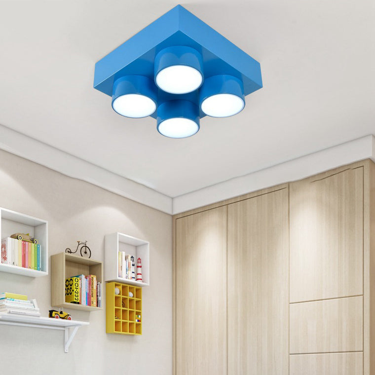 Contemporary Creative Building Block Square Iron LED Flush Mount Ceiling Light For Bedroom