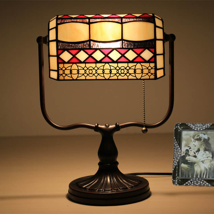 Traditional Tiffany Geometric Stained Glass Bank Pull Cord 1-Light Table Lamp For Home Office