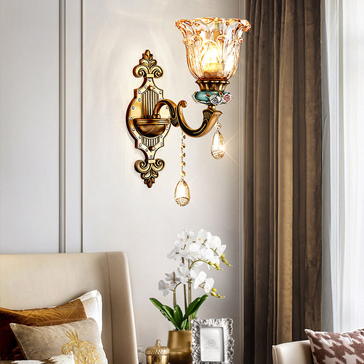 Traditional European Floral Zinc Alloy Resin Crystal Glass 1-Light Wall Sconce Lamp For Hallway