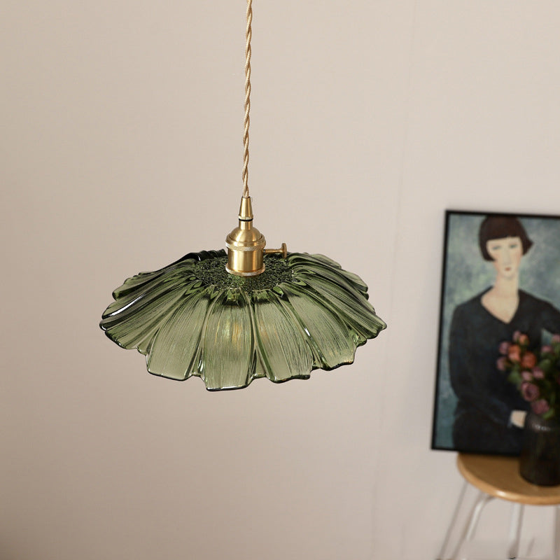 Traditional Vintage Lotus Leaf Glass Brass 1-Light Pendant Light For Living Room