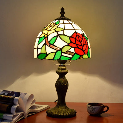 Traditional Tiffany Stained Glass Rose Flower Cone Dome 1-Light Table Lamp For Bedroom