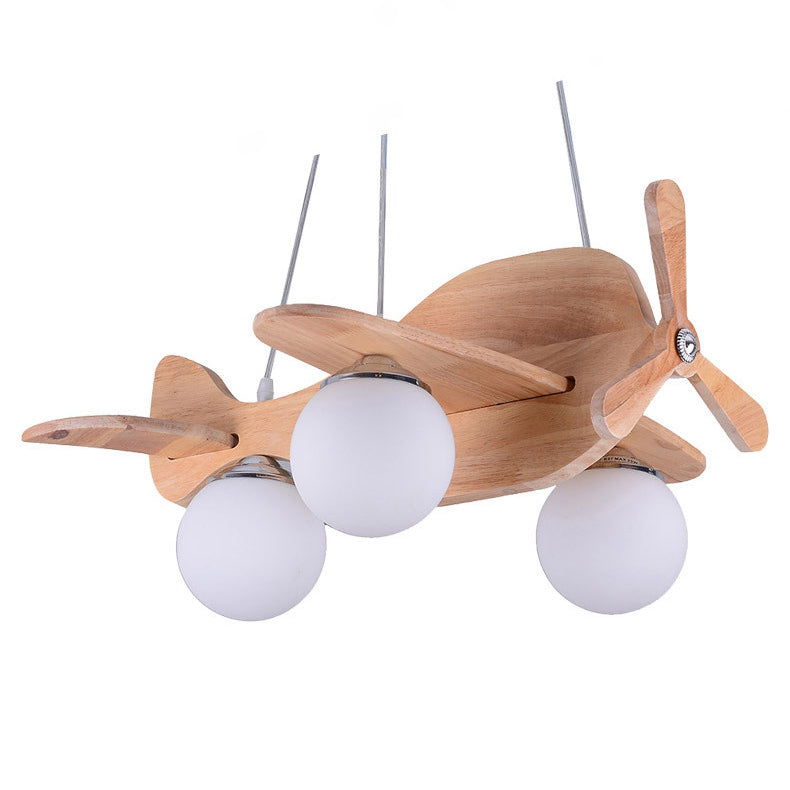 Contemporary Creative Wooden Propeller Plane 3-Light Kids Chandelier For Living Room