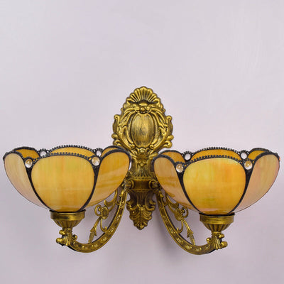 Traditional Tiffany Mediterranean Petal Stained Glass 2-Light Wall Sconce Lamp For Living Room