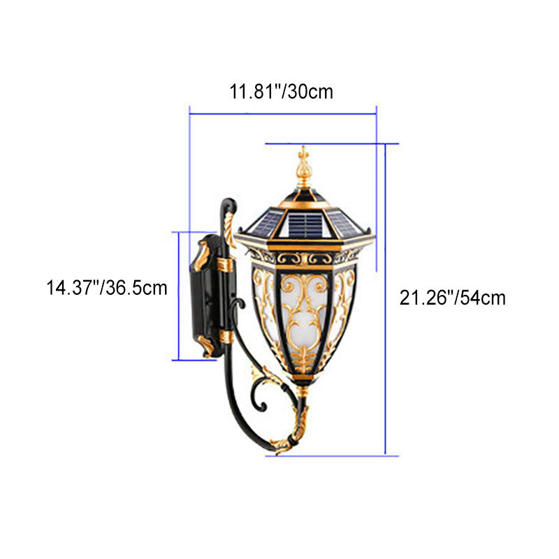 European Retro Solar Carved Lantern Aluminum Glass LED Outdoor Waterproof Wall Sconce Lamp