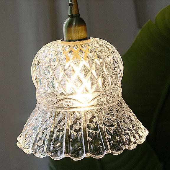 Traditional French Floral Brass Glass 1-Light Pendant Light For Living Room