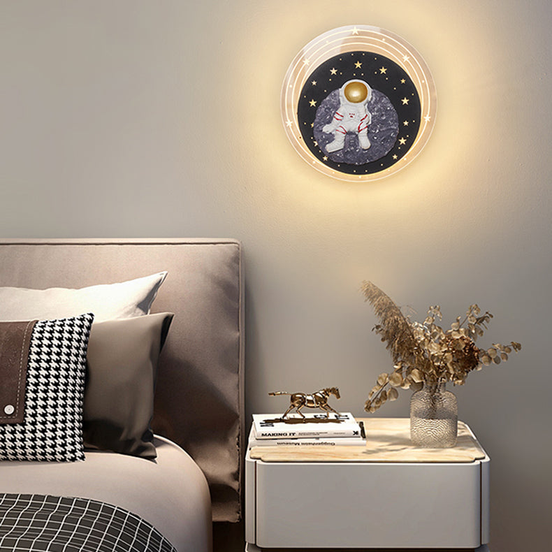 Contemporary Creative Starry Sky Moon Resin Astronaut Round LED Wall Sconce Lamp For Living Room