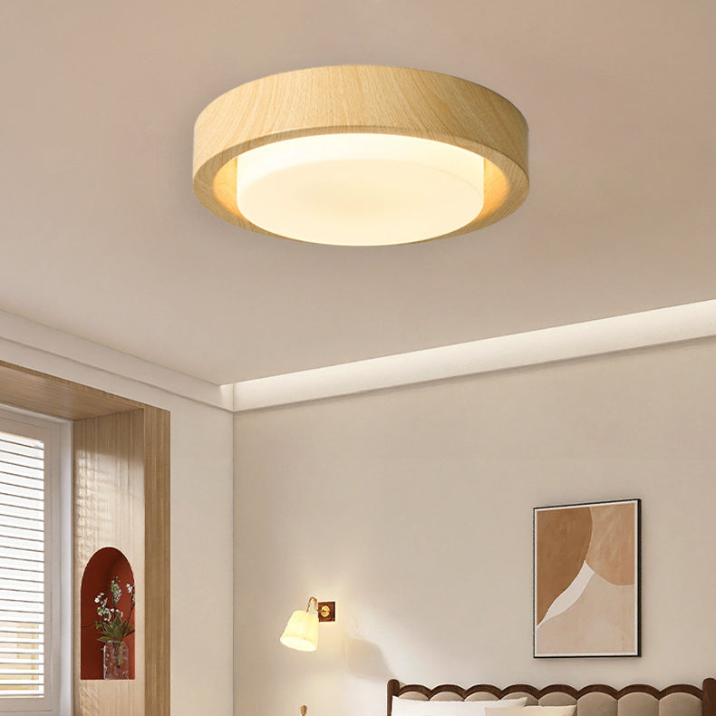 Traditional Japanese Round Glass Wood Grain LED Flush Mount Ceiling Light For Bedroom