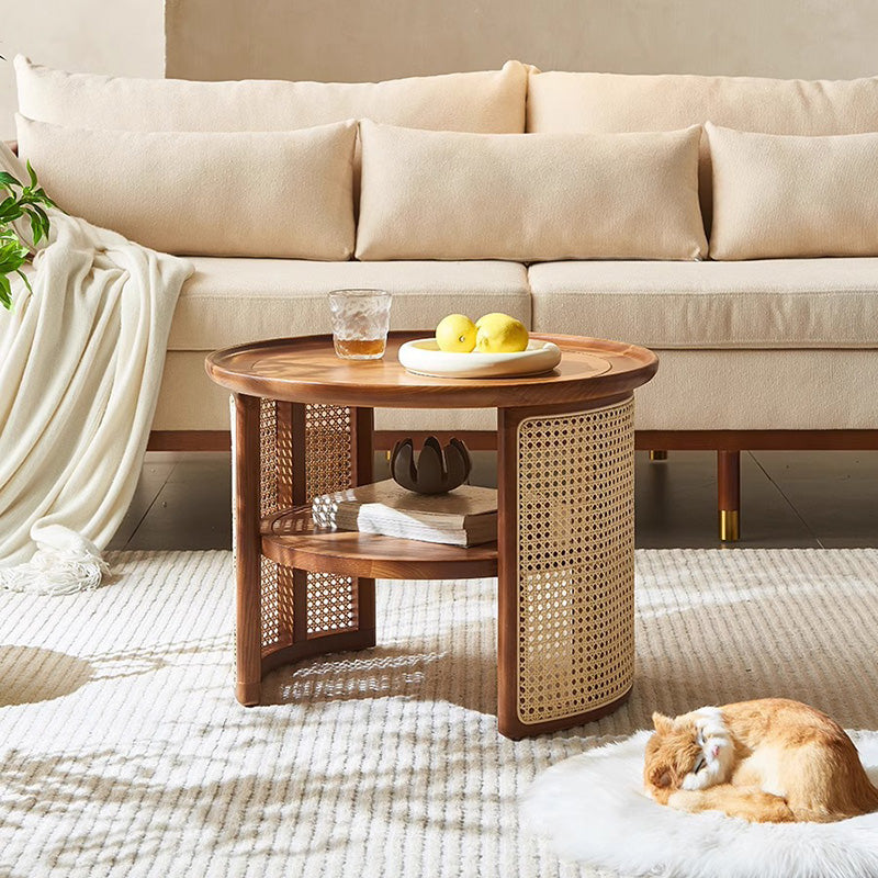 Traditional Japanese Round Rattan Wood Marble Coffee Table 2-Tier For Living Room