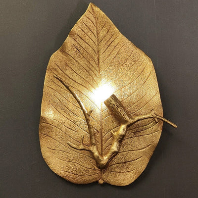 Contemporary Retro Leaf Full Copper 1-Light Wall Sconce Lamp For Living Room