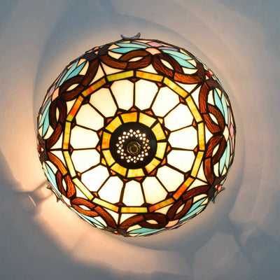 Traditional Tiffany Dome Iron Glass 2-Light Flush Mount Light For Living Room