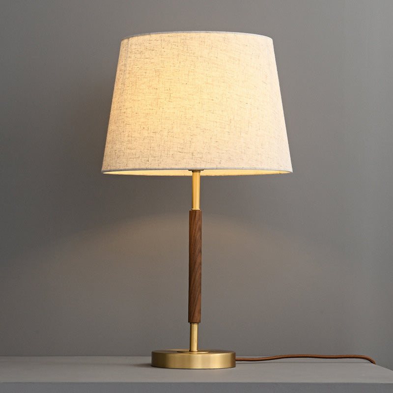 Contemporary Retro Brass Fabric Cylinder 1-Light Table Lamp For Bedside