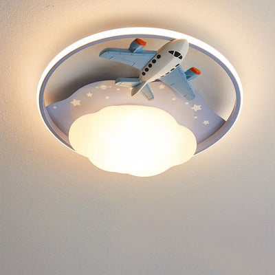 Contemporary Creative Resin Cartoon Airplane Rabbit Iron LED Kids Flush Mount Ceiling Light For Bedroom