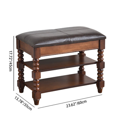 Traditional European Rectangular Wood Leather Vanity Stool Backless Armless For Living Room