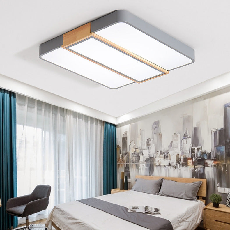 Contemporary Scandinavian Square Rectangle Combination Wood Iron LED Flush Mount Ceiling Light For Living Room