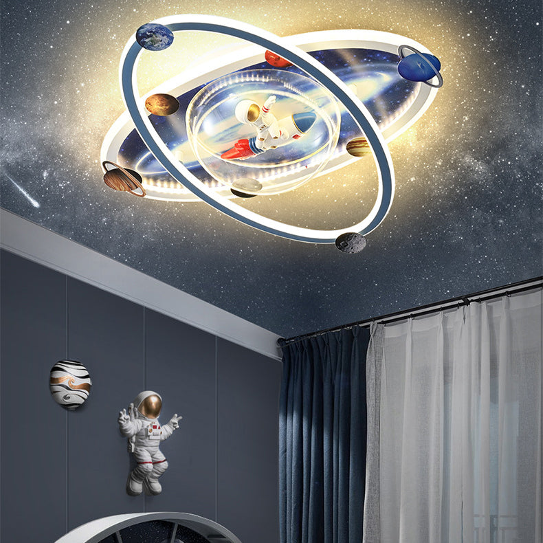 Contemporary Creative Kids Round Spaceman Planet Iron Acrylic Resin LED Flush Mount Ceiling Light For Bedroom