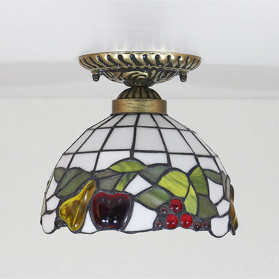 Traditional Tiffany Hemisphere Disc Base Apple Leaf Lattice Iron Stained Glass 1-Light Semi-Flush Mount Ceiling Light For Bedroom