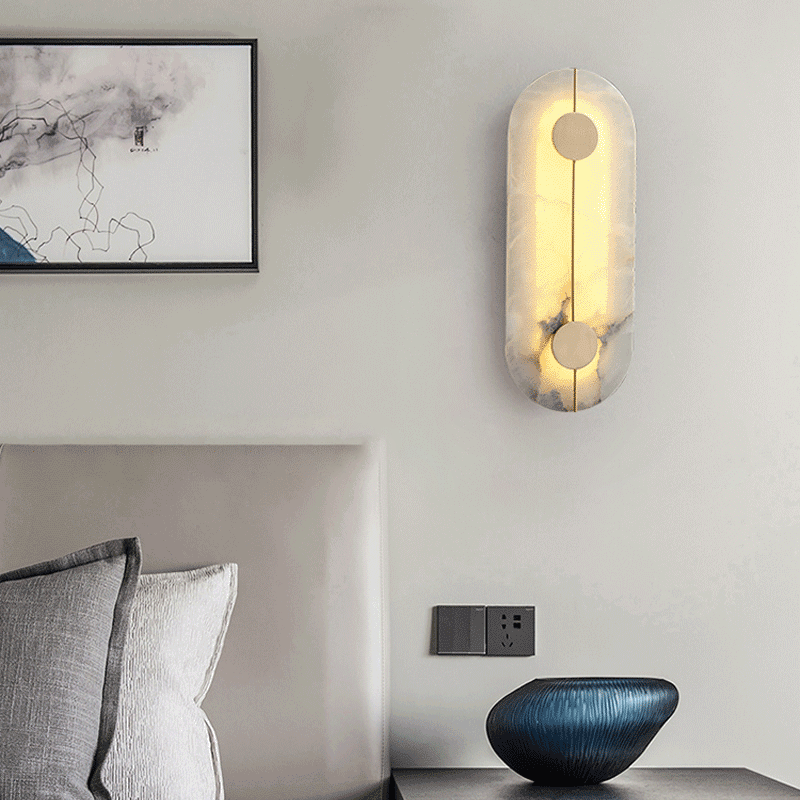 Traditional Chinese Copper Marble Round Elliptical LED Wall Sconce Lamp For Hallway