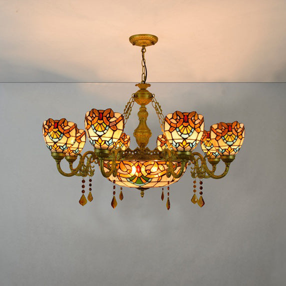 Traditional Tiffany Bead Dome Baroque Iron Glass Alloy 8/11 Light Chandeliers For Living Room