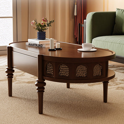 Contemporary Retro Elliptical Column Ripple Glass Wood Coffee Table 2-Drawer For Living Room