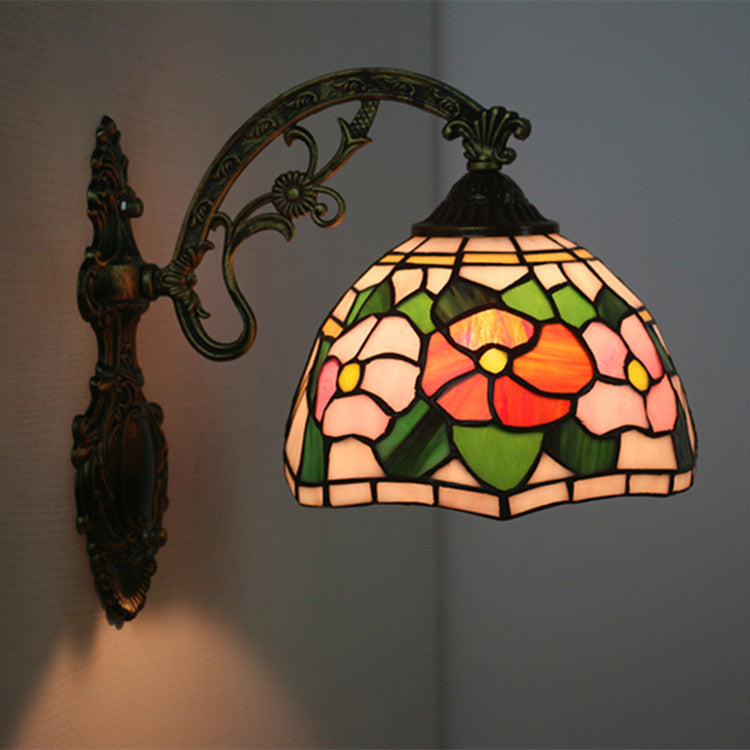 Traditional Tiffany Dome Flower Zinc Alloy Iron Stained Glass 1-Light Wall Sconce Lamp For Living Room