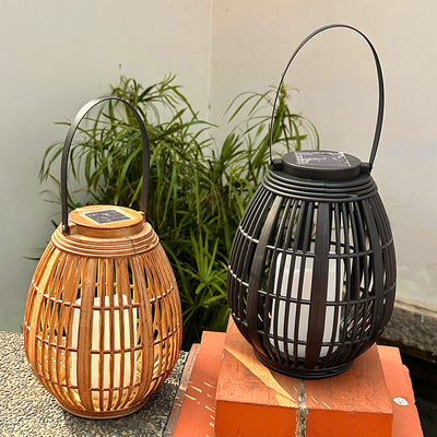 Modern Art Deco Solar Round Lantern Rattan LED Outdoor Landscape Light For Garden