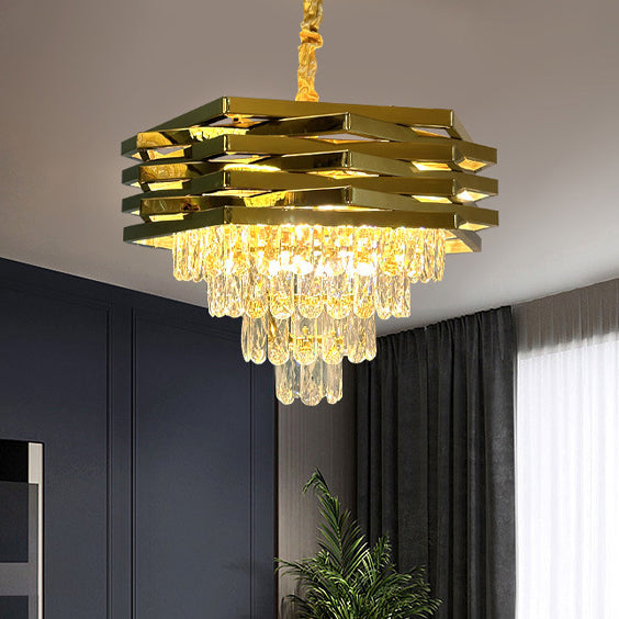 Contemporary Luxury Square Stacked Branch Crystal Metal Stainless Steel 5/7/8/9 Light Chandelier For Living Room