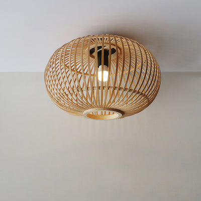 Traditional Rustic Bamboo Weaving Lantern 1-Light Flush Mount Ceiling Light For Dining Room